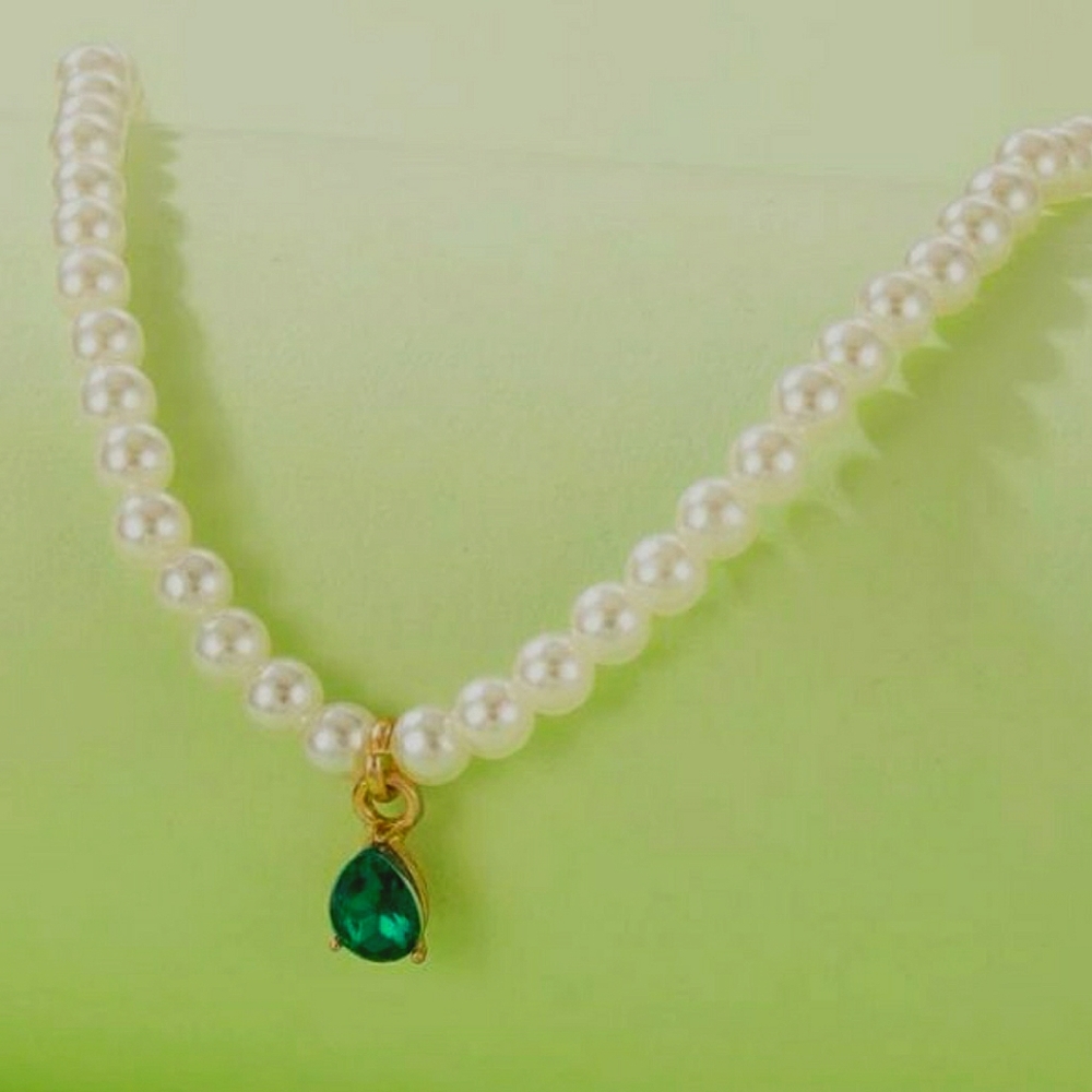 NEW Handmade Rhinestone Water-drop Charm Faux Pearl Beaded Glamorous Necklace 💚